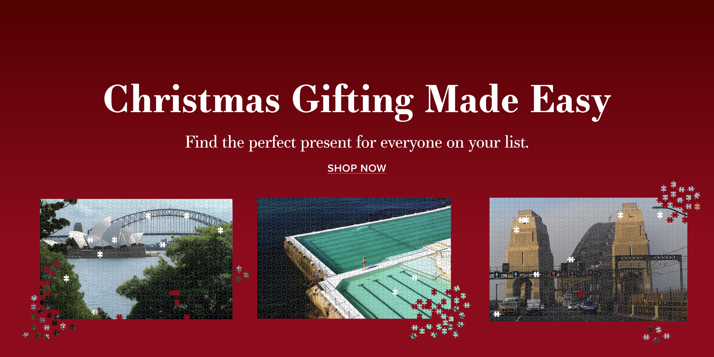 Red promotional banner for Christmas gifting with images of Sydney Harbour Bridge, Bondi Iceberg pool with the text 'Christmas Gifting Made Easy'.