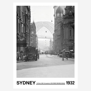 Pitt Street showing buildings and people with the Sydney Harbour Bridge at a distance, Sydney, approximately 1932. Photography by The Sydney Morning Herald.