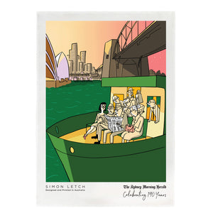 For the 190 year anniversary of The Sydney Morning Herald, Illustrator Simon Letch illustrated this Sydney scene with a group sitting on a ferry on the harbour reading our paper as the sky lights up in hues of or...
